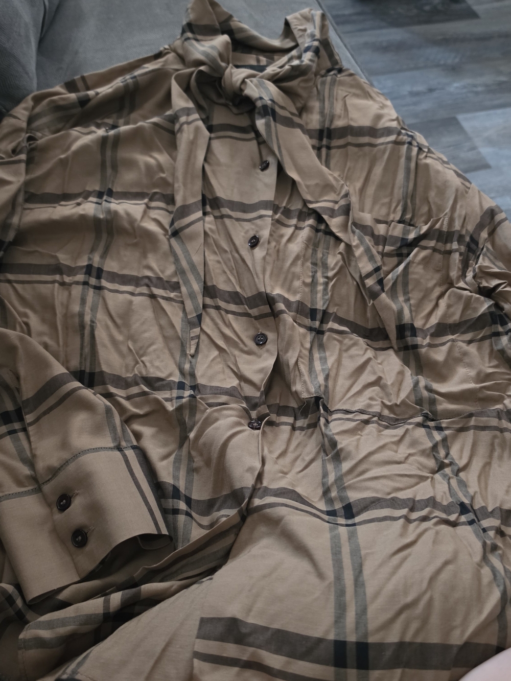 Zara Beige Plaid Tie-Neck Blouse